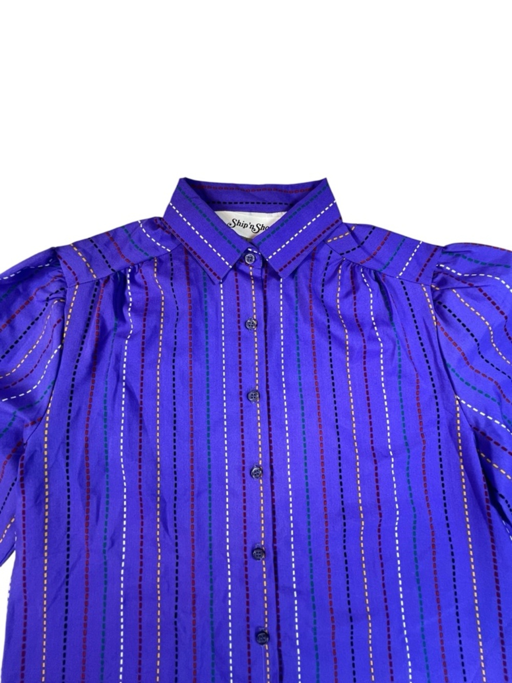 Ship 'n Shore Vintage 80s Royal Purple Stripe Puff Sleeve Blouse Size 10 S/M - Picture 2 of 6